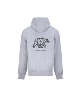 A heather grey hoodie with a geometric bear print on the back, featuring the text &