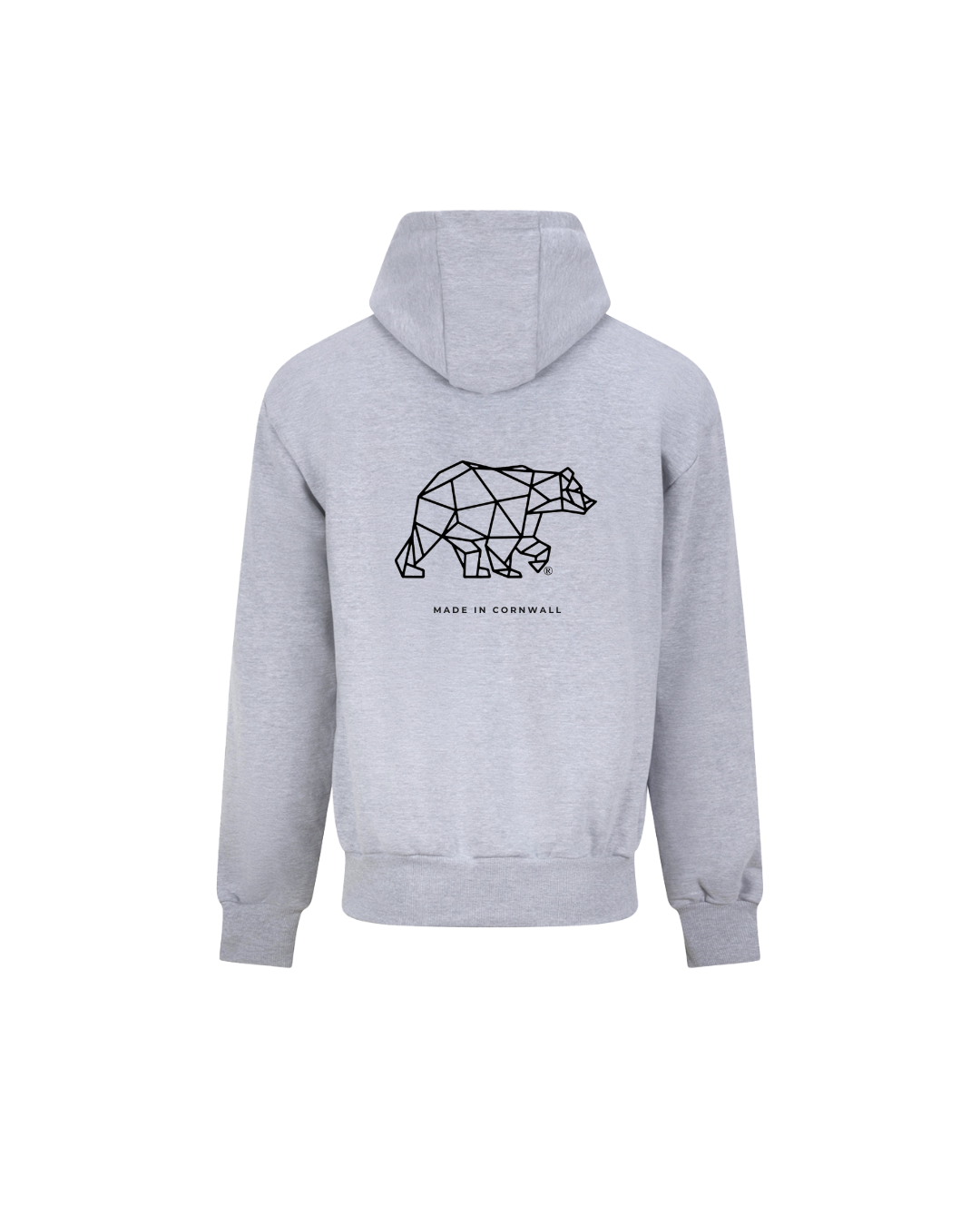A heather grey hoodie with a geometric bear print on the back, featuring the text &