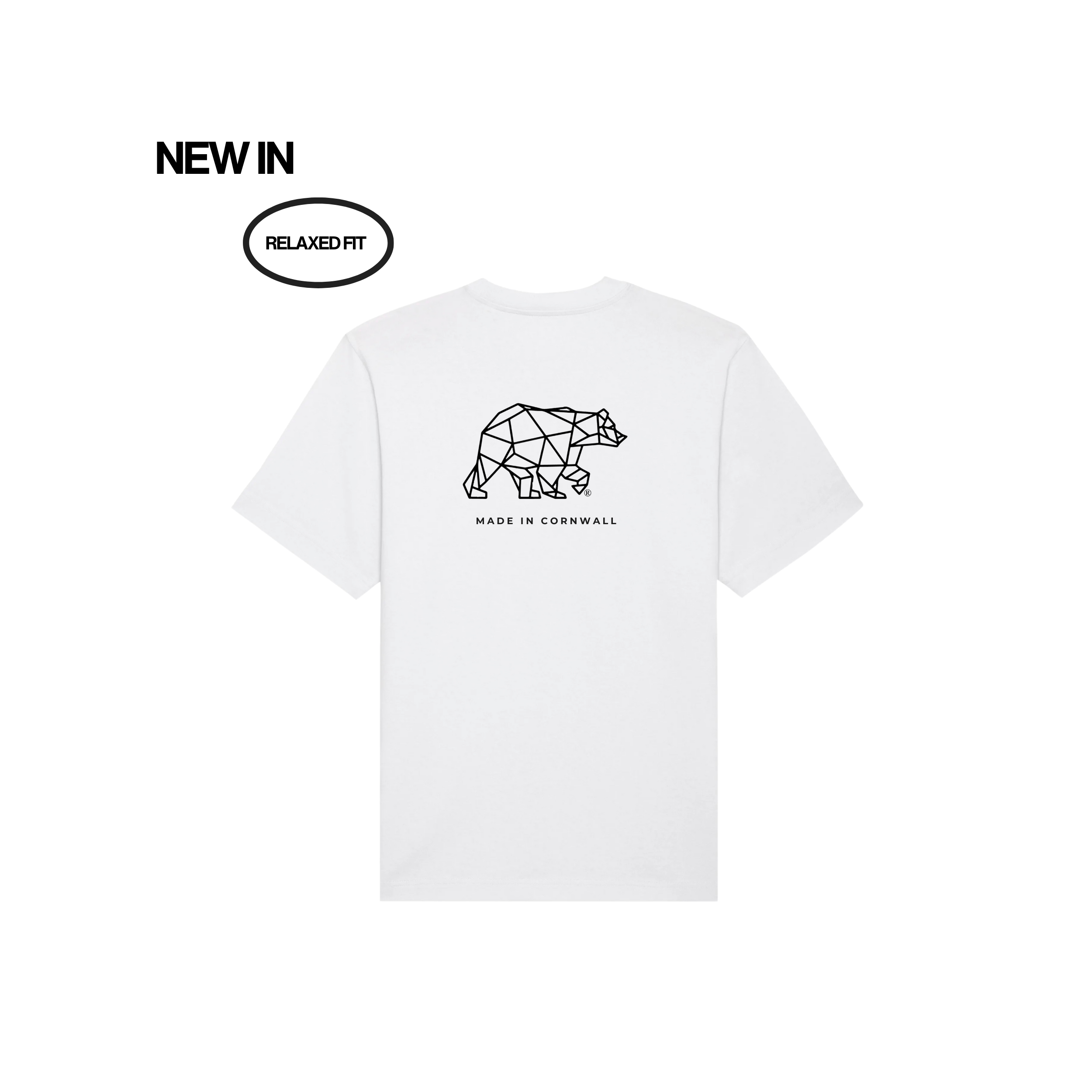 White t-shirt with geometric bear design and text on a white background