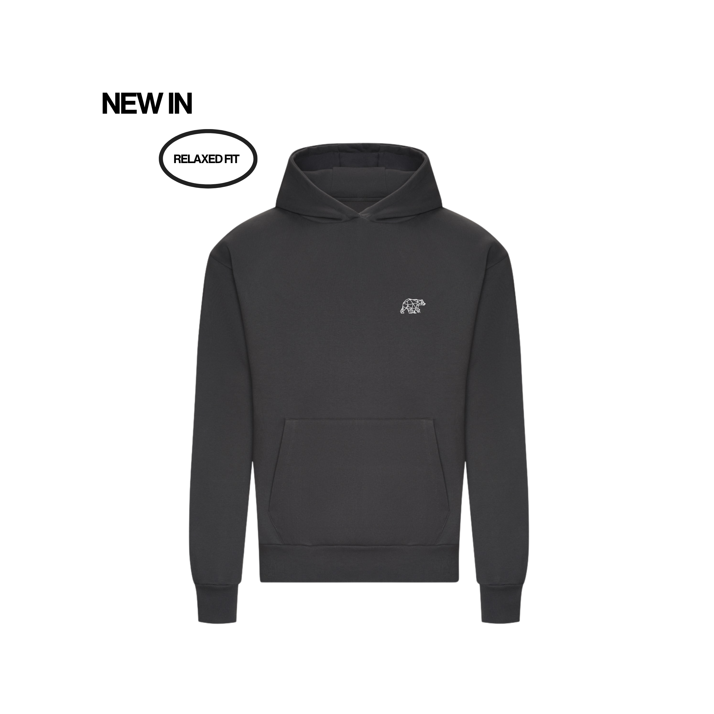 Black hoodie with a small logo on a white background, labeled &