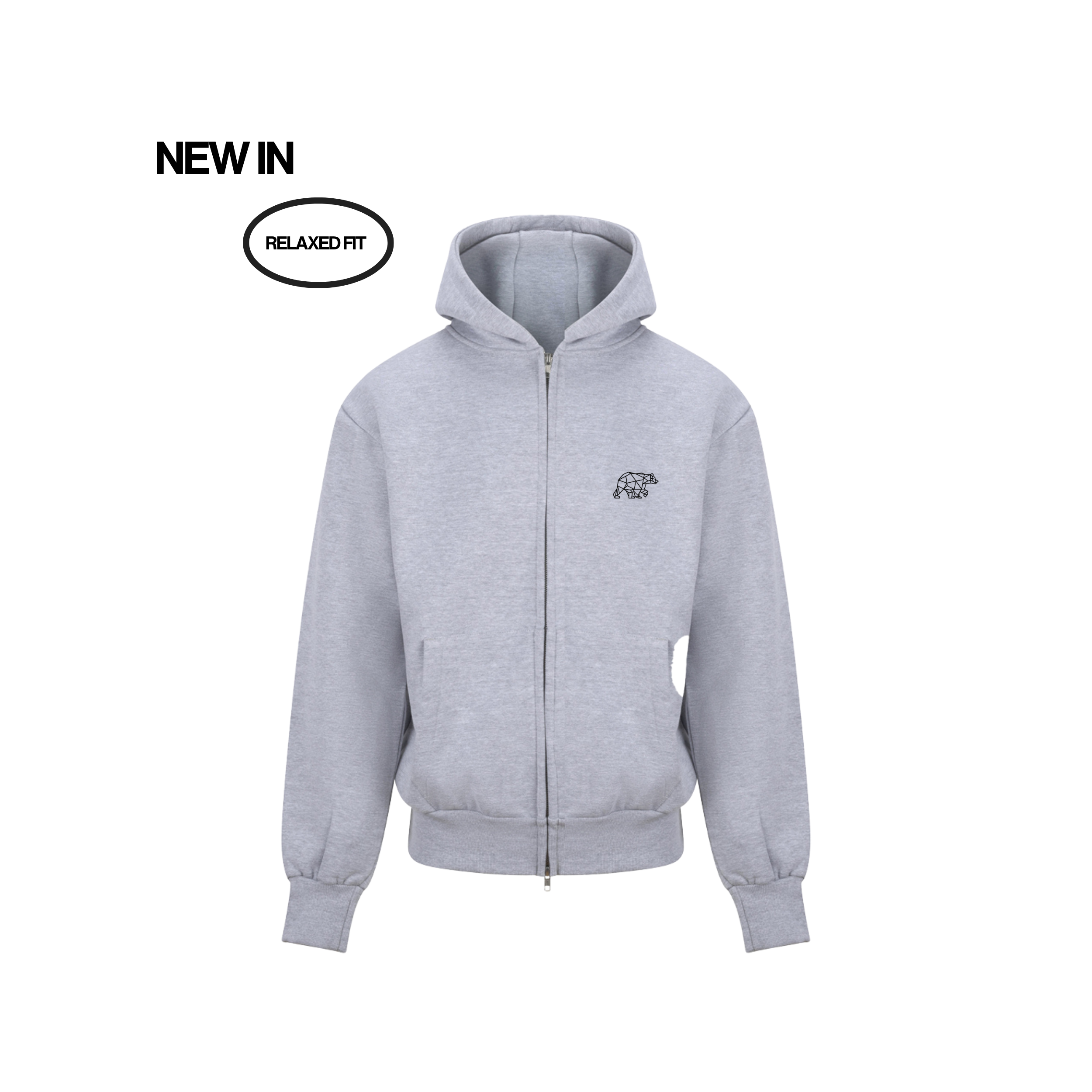 Grey hoodie with a brand logo on a white background, labeled &