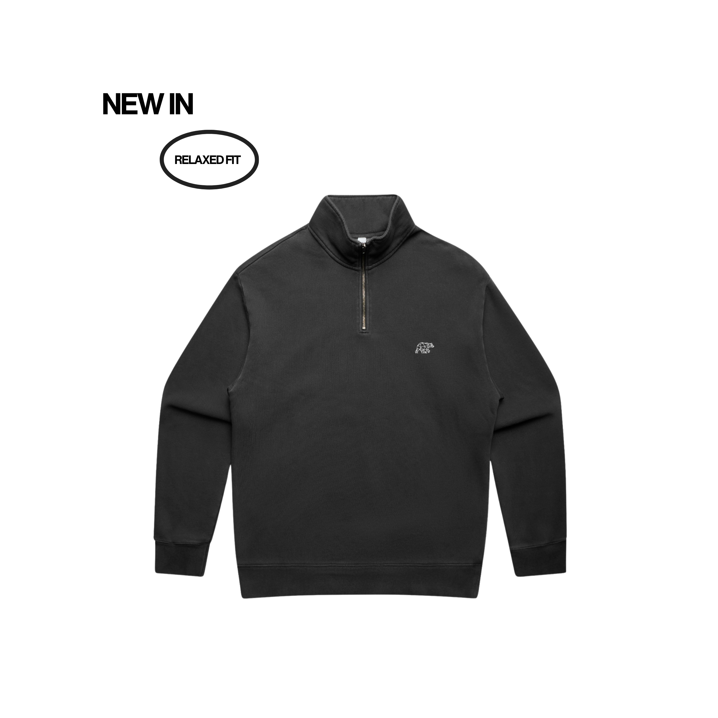 Black half-zip sweatshirt with a brand logo on a white background