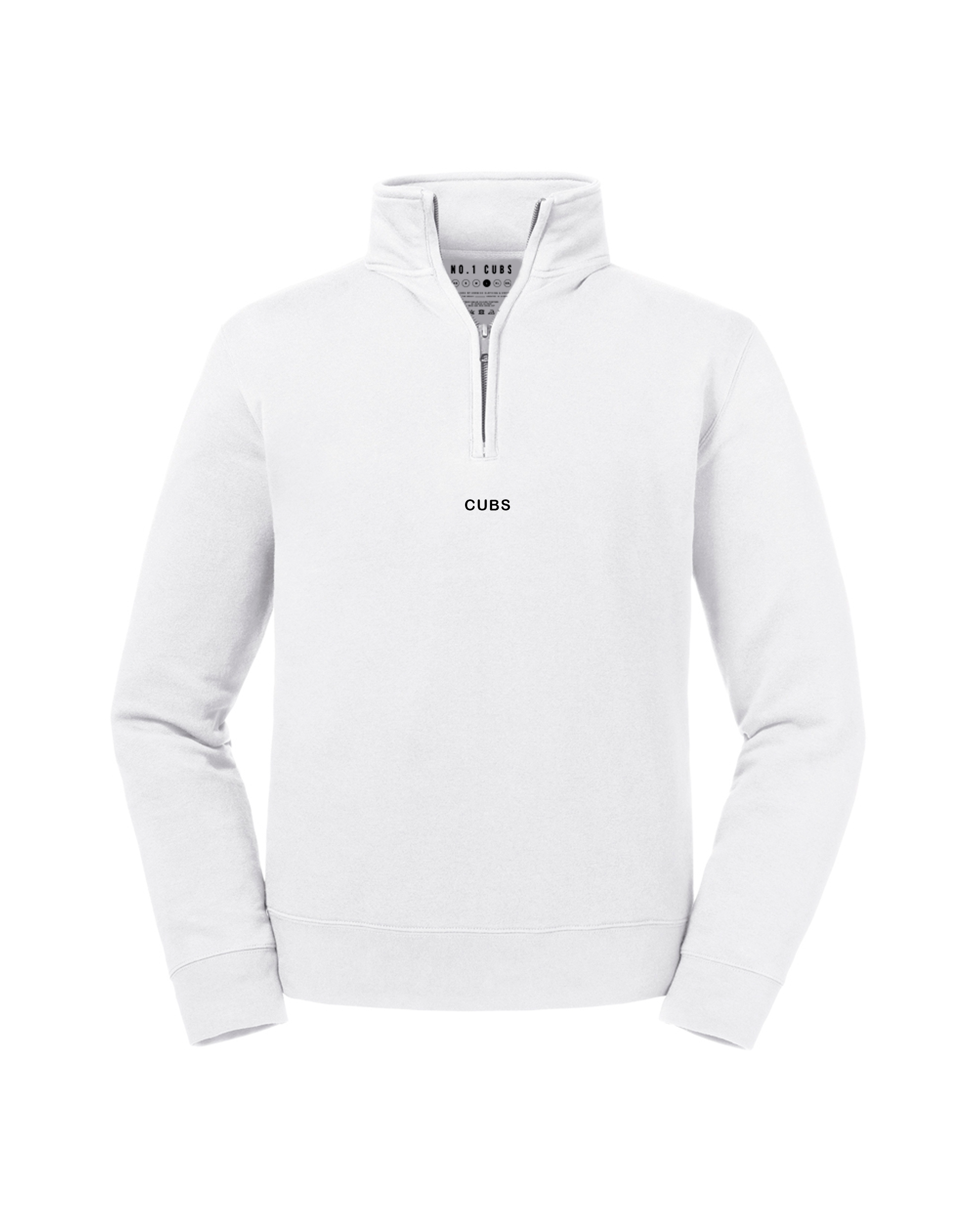 White Cubs Quarter Zip by No1 Cubs featuring a sleek and modern design with a high-quality quarter-zip front. Made from premium, comfortable fabric, perfect for casual and athletic wear. Available in various sizes for all genders. Shop No1 Cubs for stylish and versatile quarter-zip tops