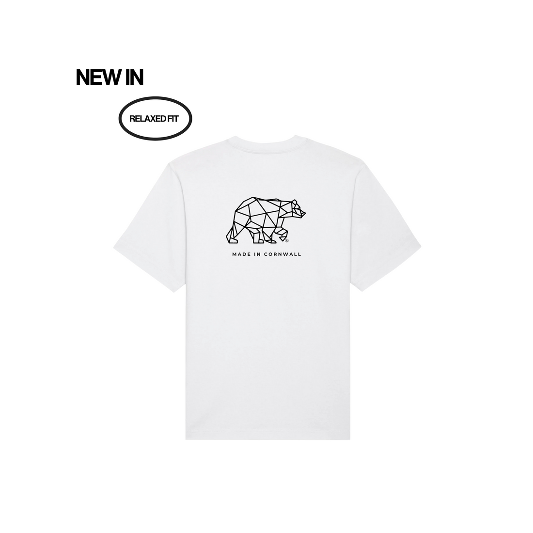 White t-shirt with geometric bear design and text on a white background