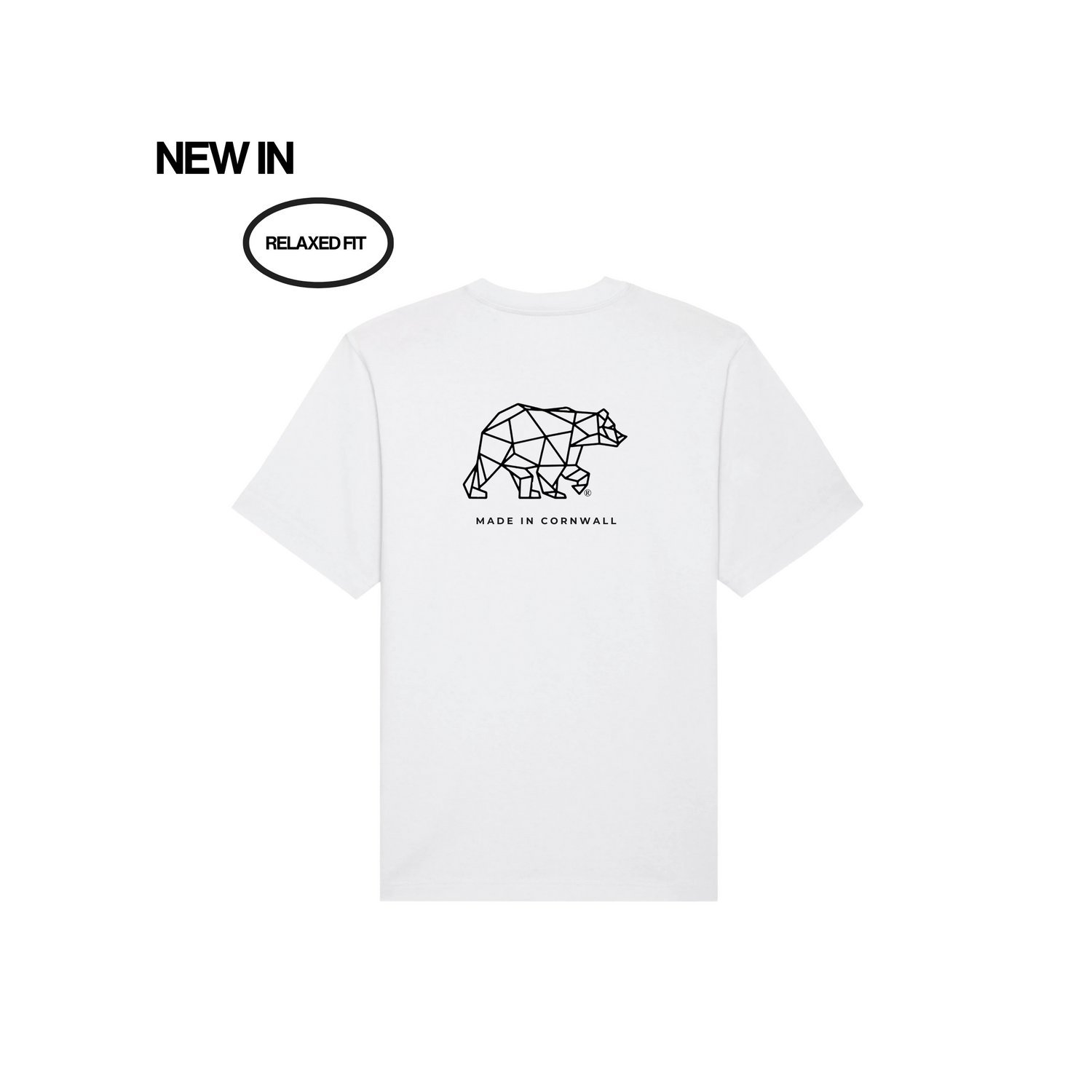 White t-shirt with geometric bear design and text on a white background