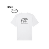 White t-shirt with geometric bear design and text on a white background