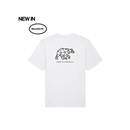White t-shirt with geometric bear design and text on a white background