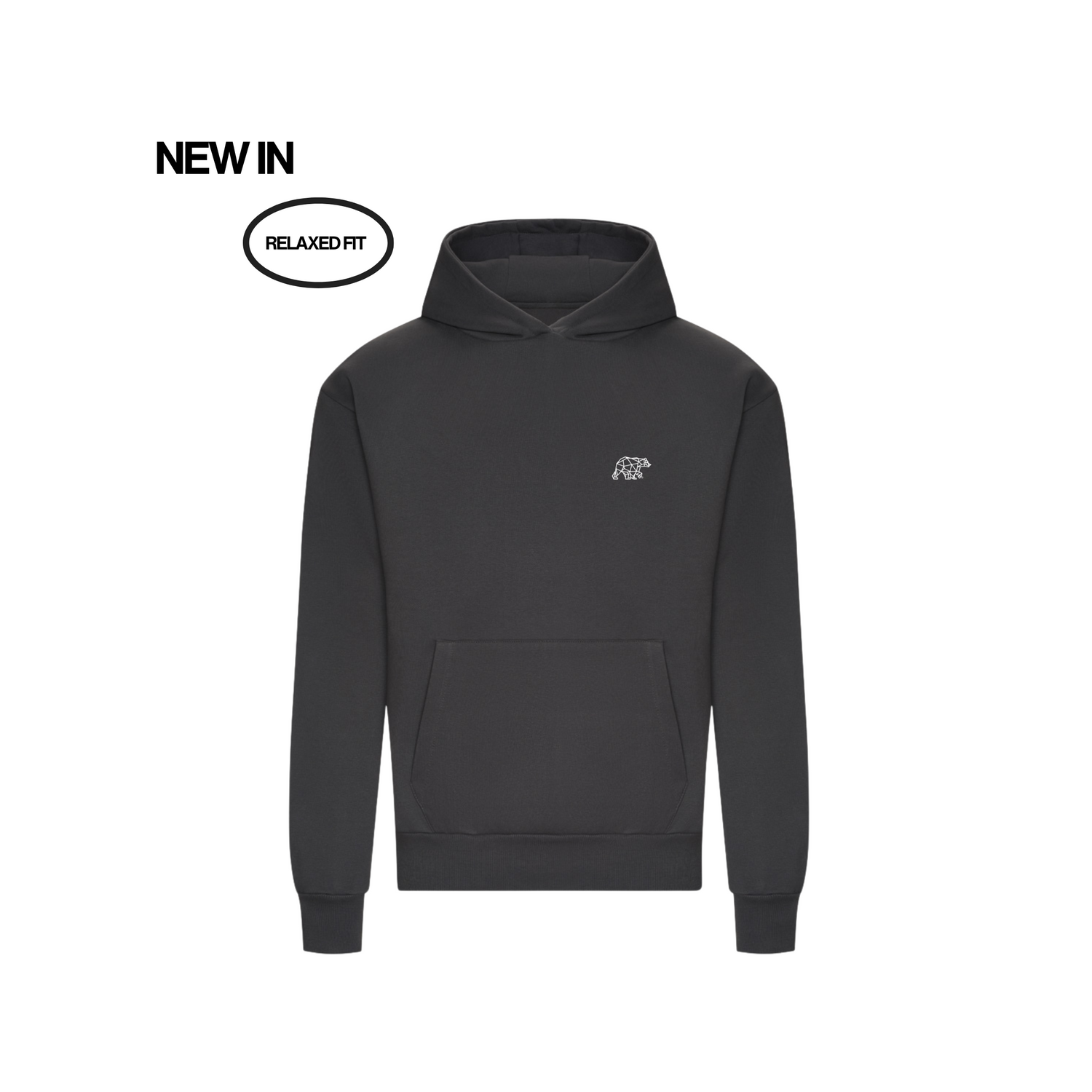 Black hoodie with a small logo on a white background, labeled &