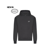 Black hoodie with a small logo on a white background, labeled &