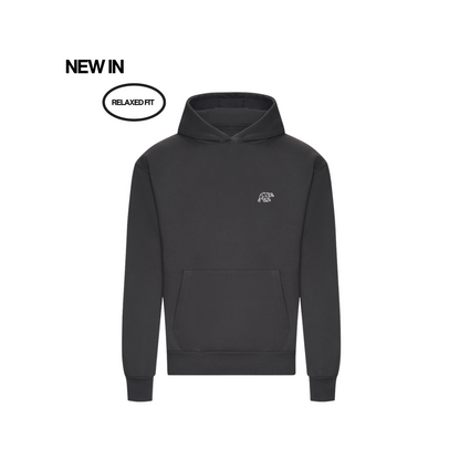 Black hoodie with a small logo on a white background, labeled &
