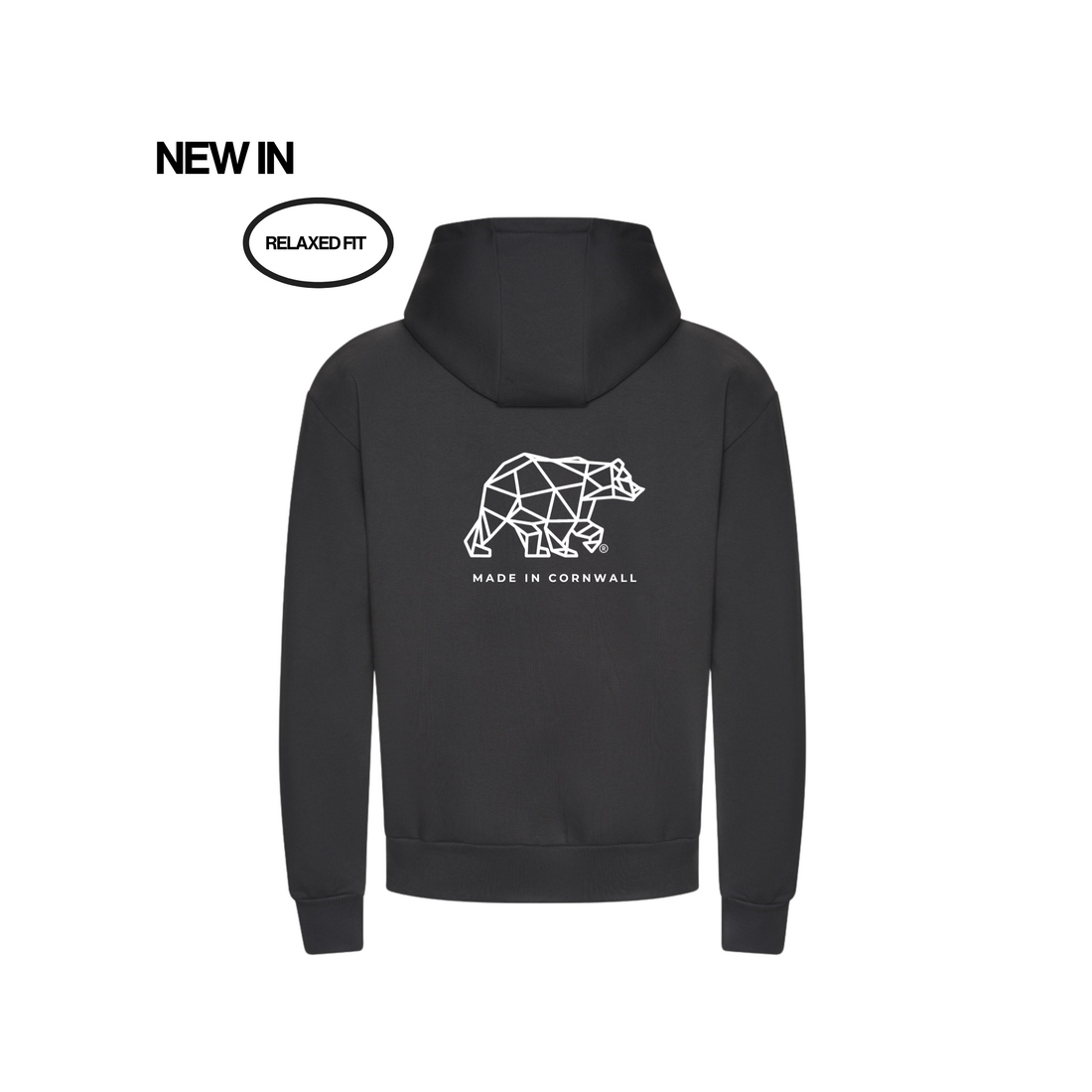 Black hoodie with geometric bear design and &