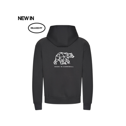 Black hoodie with geometric bear design and &
